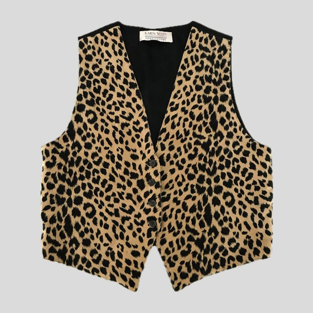 Vintage 1990s Tan Black Animal Print Cotton Velour Womens Vest Size S/M